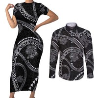 Hawaiian Kakau Art and Hisbiscus Tattoo Couples Matching Short Sleeve Bodycon Dress and Long Sleeve Button Shirt Tribal Pattern-Silver Style LT03 Black - Polynesian Pride
