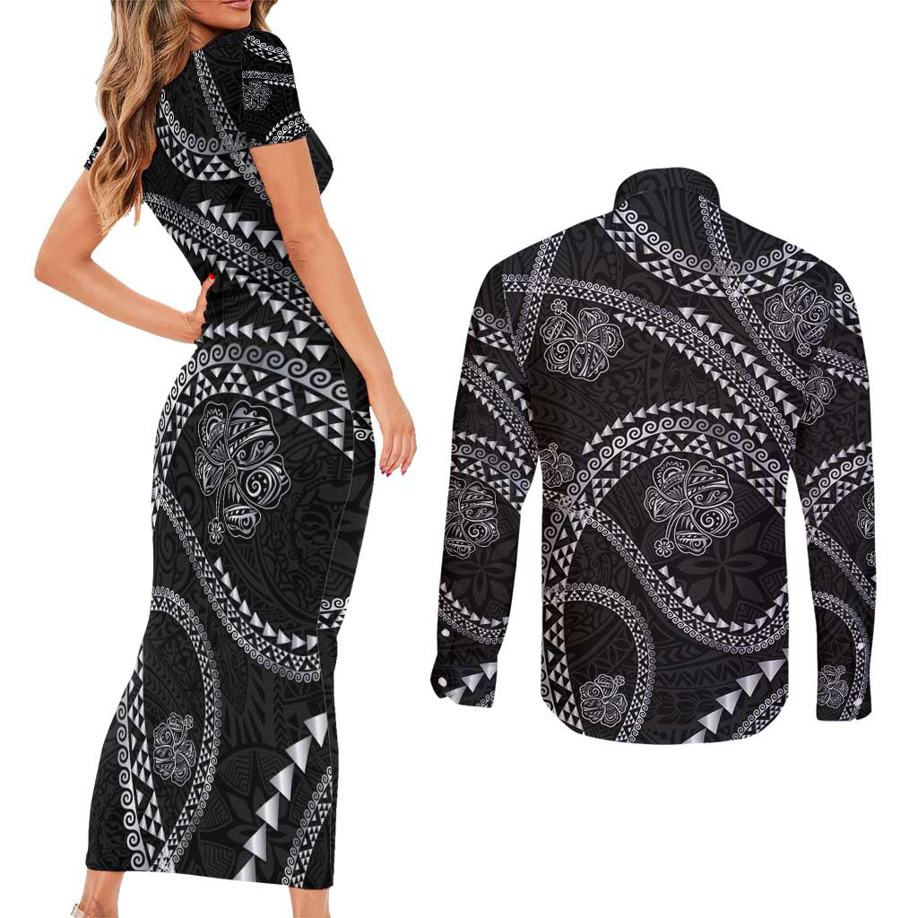 Hawaiian Kakau Art and Hisbiscus Tattoo Couples Matching Short Sleeve Bodycon Dress and Long Sleeve Button Shirt Tribal Pattern-Silver Style LT03 - Polynesian Pride