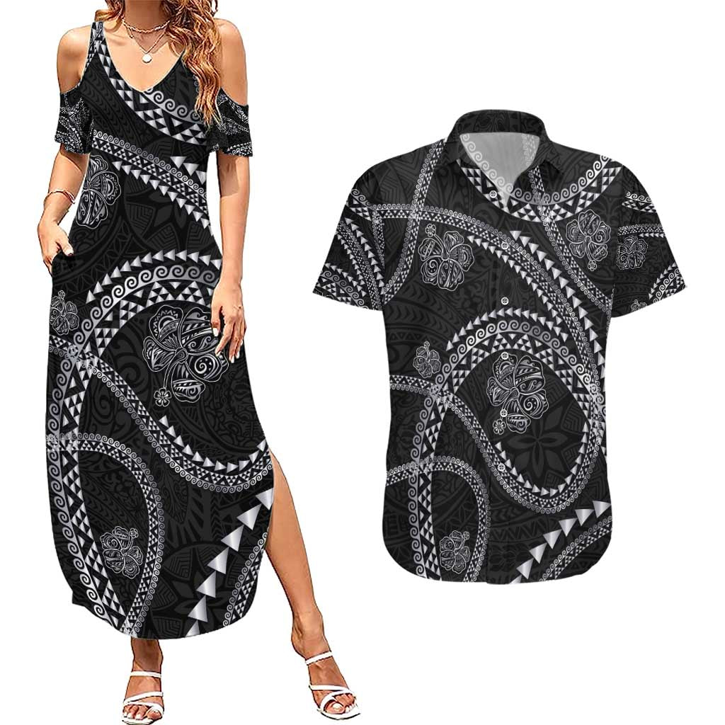 Hawaiian Kakau Art and Hisbiscus Tattoo Couples Matching Summer Maxi Dress and Hawaiian Shirt Tribal Pattern-Silver Style LT03 Black - Polynesian Pride
