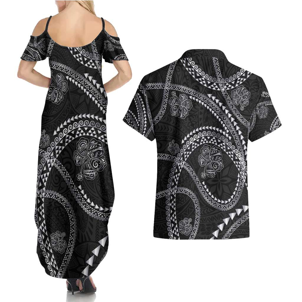 Hawaiian Kakau Art and Hisbiscus Tattoo Couples Matching Summer Maxi Dress and Hawaiian Shirt Tribal Pattern-Silver Style LT03 - Polynesian Pride