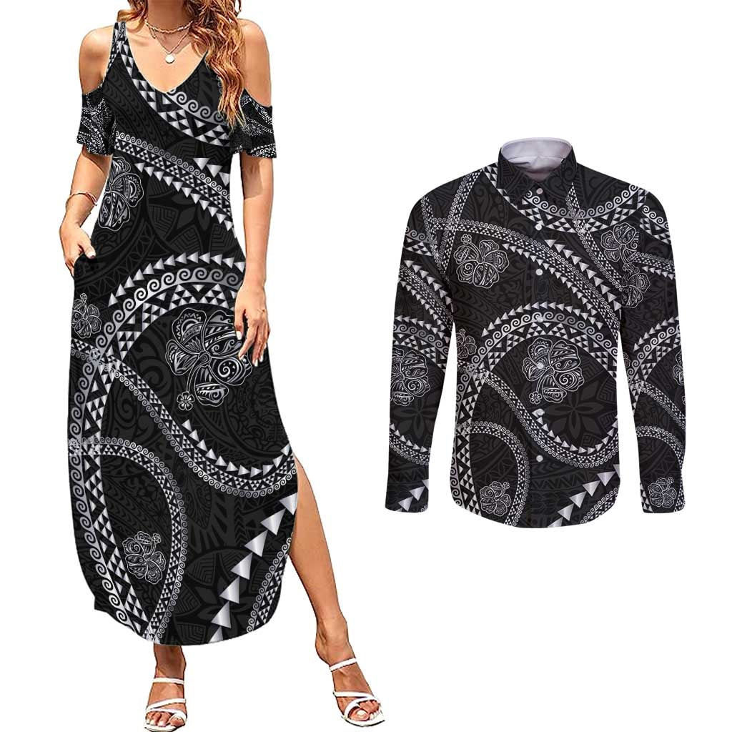 Hawaiian Kakau Art and Hisbiscus Tattoo Couples Matching Summer Maxi Dress and Long Sleeve Button Shirt Tribal Pattern-Silver Style LT03 Black - Polynesian Pride
