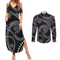 Hawaiian Kakau Art and Hisbiscus Tattoo Couples Matching Summer Maxi Dress and Long Sleeve Button Shirt Tribal Pattern-Silver Style LT03 Black - Polynesian Pride