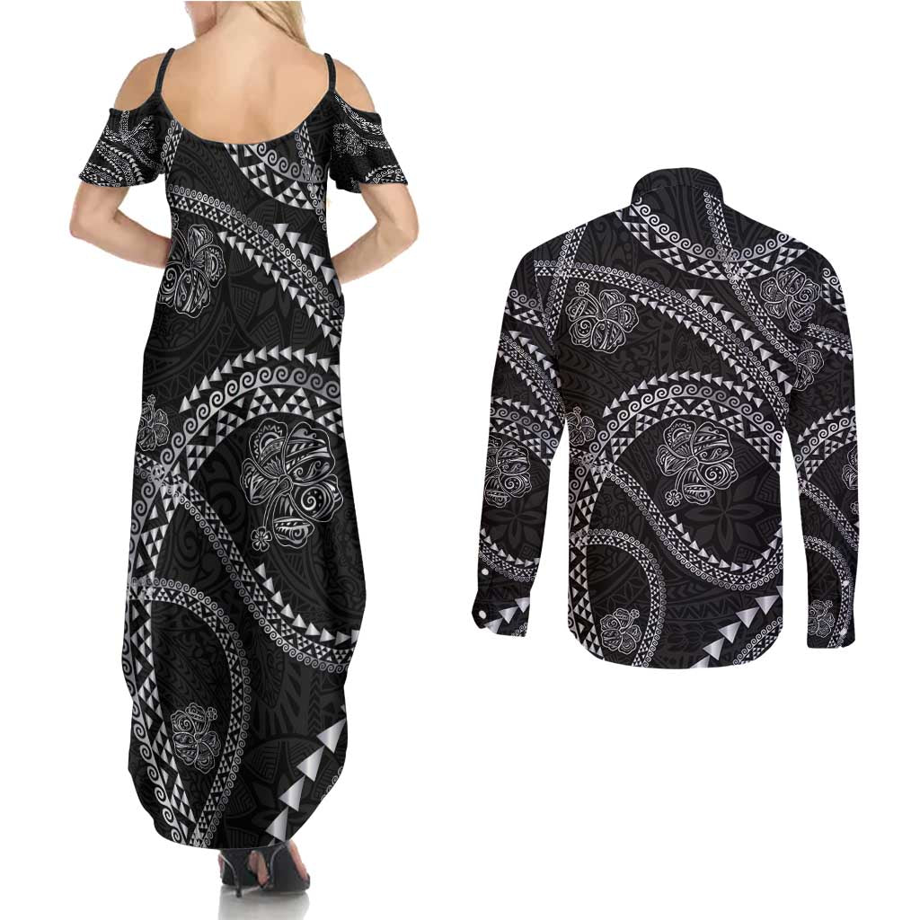 Hawaiian Kakau Art and Hisbiscus Tattoo Couples Matching Summer Maxi Dress and Long Sleeve Button Shirt Tribal Pattern-Silver Style LT03 - Polynesian Pride
