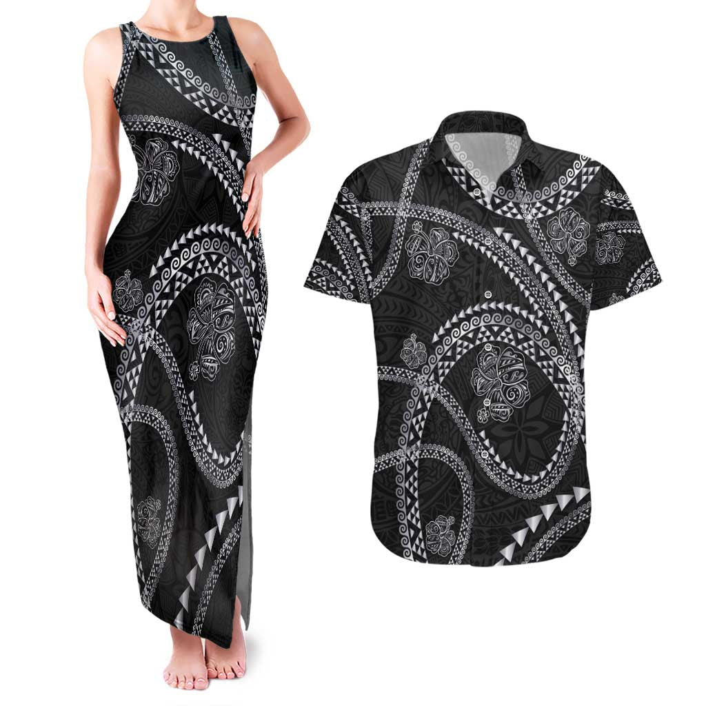 Hawaiian Kakau Art and Hisbiscus Tattoo Couples Matching Tank Maxi Dress and Hawaiian Shirt Tribal Pattern-Silver Style LT03 Black - Polynesian Pride