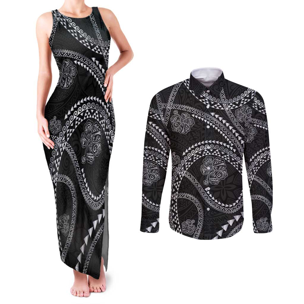 Hawaiian Kakau Art and Hisbiscus Tattoo Couples Matching Tank Maxi Dress and Long Sleeve Button Shirt Tribal Pattern-Silver Style LT03 Black - Polynesian Pride