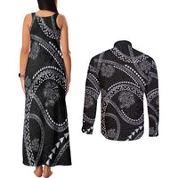 Hawaiian Kakau Art and Hisbiscus Tattoo Couples Matching Tank Maxi Dress and Long Sleeve Button Shirt Tribal Pattern-Silver Style LT03 - Polynesian Pride