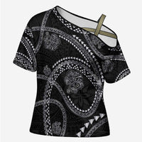 Hawaiian Kakau Art and Hisbiscus Tattoo Cross Shoulder Shirt Tribal Pattern-Silver Style - Polynesian Pride