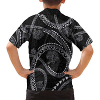 Hawaiian Kakau Art and Hisbiscus Tattoo Family Matching Long Sleeve Bodycon Dress and Hawaiian Shirt Tribal Pattern-Silver Style LT03 - Polynesian Pride