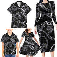 Hawaiian Kakau Art and Hisbiscus Tattoo Family Matching Long Sleeve Bodycon Dress and Hawaiian Shirt Tribal Pattern-Silver Style LT03 - Polynesian Pride