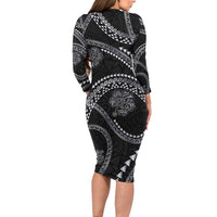 Hawaiian Kakau Art and Hisbiscus Tattoo Family Matching Long Sleeve Bodycon Dress and Hawaiian Shirt Tribal Pattern-Silver Style LT03 - Polynesian Pride