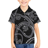 Hawaiian Kakau Art and Hisbiscus Tattoo Family Matching Long Sleeve Bodycon Dress and Hawaiian Shirt Tribal Pattern-Silver Style LT03 Son's Shirt Black - Polynesian Pride