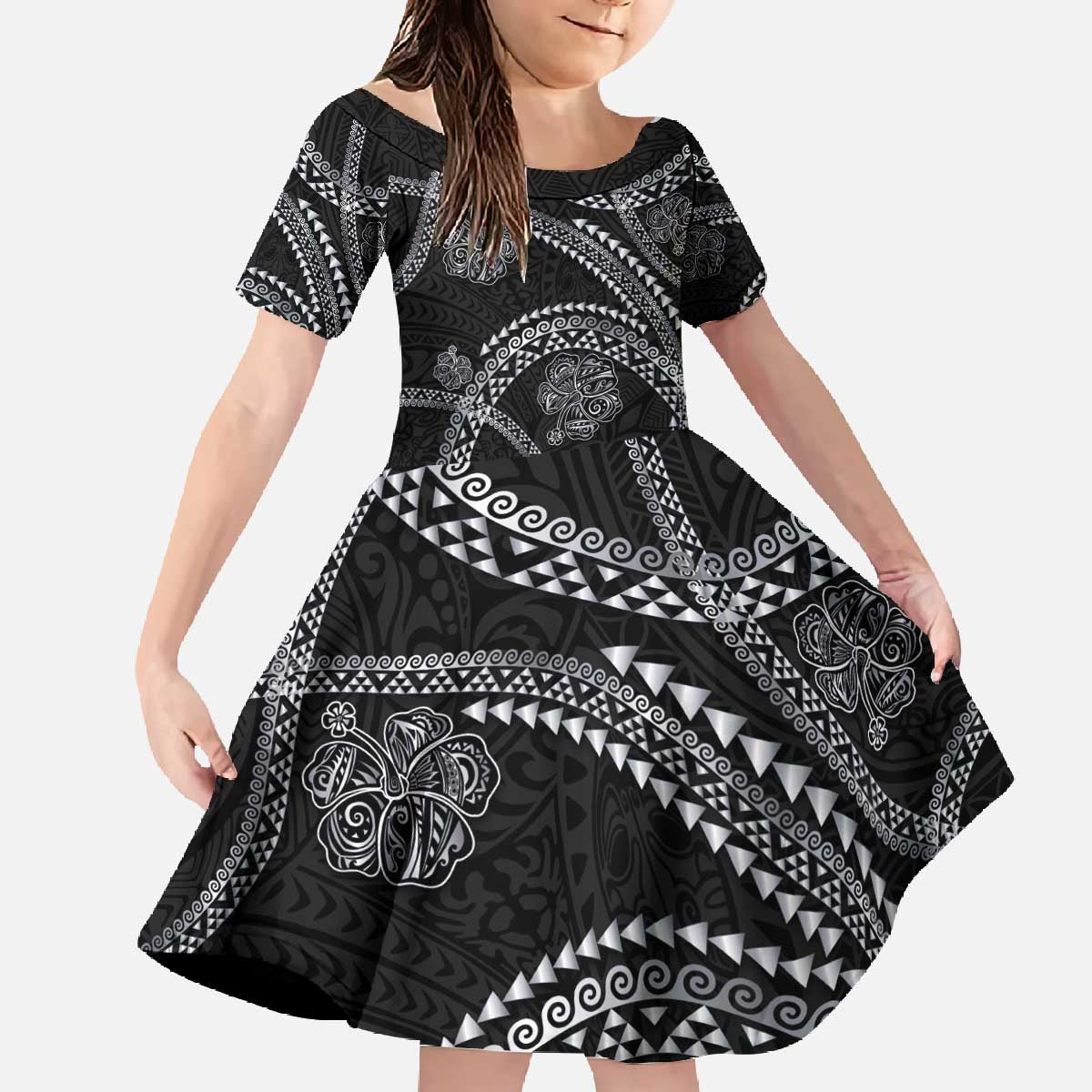 Hawaiian Kakau Art and Hisbiscus Tattoo Family Matching Off The Shoulder Long Sleeve Dress and Hawaiian Shirt Tribal Pattern-Silver Style LT03 Daughter's Dress Black - Polynesian Pride