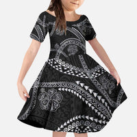 Hawaiian Kakau Art and Hisbiscus Tattoo Family Matching Off The Shoulder Long Sleeve Dress and Hawaiian Shirt Tribal Pattern-Silver Style LT03 Daughter's Dress Black - Polynesian Pride