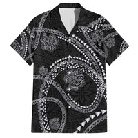 Hawaiian Kakau Art and Hisbiscus Tattoo Family Matching Off The Shoulder Long Sleeve Dress and Hawaiian Shirt Tribal Pattern-Silver Style LT03 Dad's Shirt - Short Sleeve Black - Polynesian Pride
