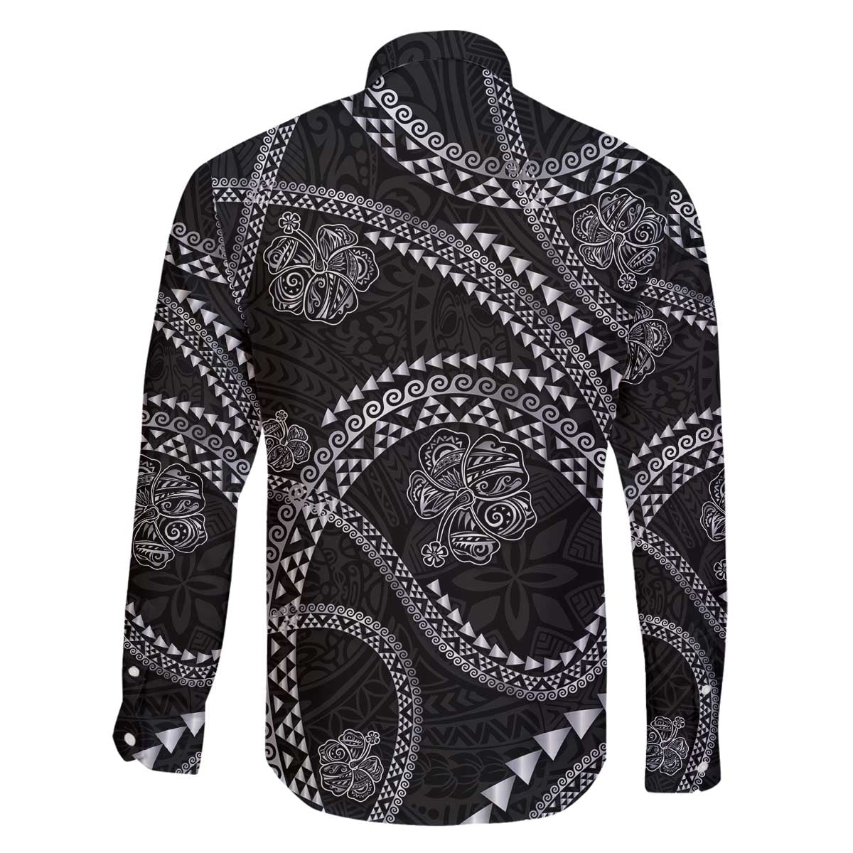 Hawaiian Kakau Art and Hisbiscus Tattoo Family Matching Off The Shoulder Long Sleeve Dress and Hawaiian Shirt Tribal Pattern-Silver Style LT03 - Polynesian Pride