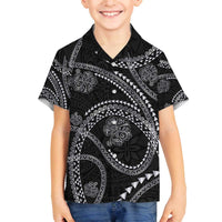 Hawaiian Kakau Art and Hisbiscus Tattoo Family Matching Off The Shoulder Long Sleeve Dress and Hawaiian Shirt Tribal Pattern-Silver Style LT03 Son's Shirt Black - Polynesian Pride