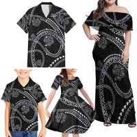 Hawaiian Kakau Art and Hisbiscus Tattoo Family Matching Off Shoulder Maxi Dress and Hawaiian Shirt Tribal Pattern-Silver Style LT03 - Polynesian Pride