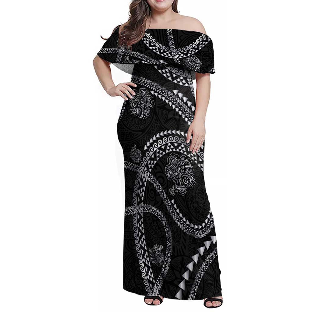 Hawaiian Kakau Art and Hisbiscus Tattoo Family Matching Off Shoulder Maxi Dress and Hawaiian Shirt Tribal Pattern-Silver Style LT03 Mom's Dress Black - Polynesian Pride