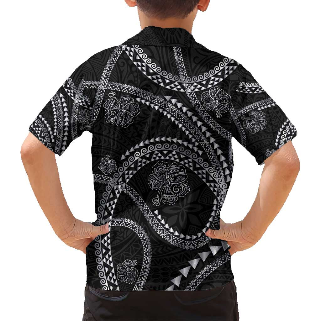 Hawaiian Kakau Art and Hisbiscus Tattoo Family Matching Off Shoulder Short Dress and Hawaiian Shirt Tribal Pattern-Silver Style LT03 - Polynesian Pride