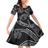 Hawaiian Kakau Art and Hisbiscus Tattoo Family Matching Off Shoulder Short Dress and Hawaiian Shirt Tribal Pattern-Silver Style LT03 Daughter's Dress Black - Polynesian Pride
