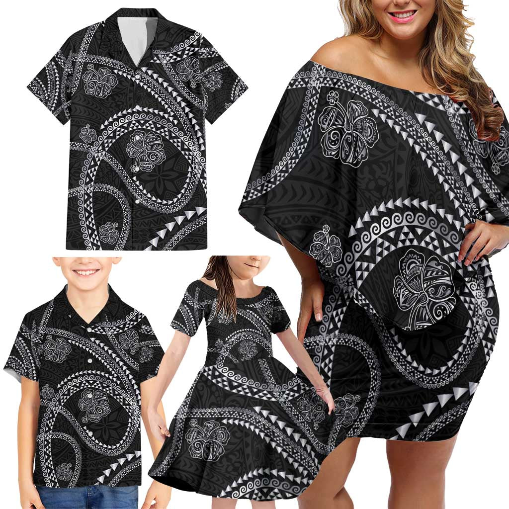 Hawaiian Kakau Art and Hisbiscus Tattoo Family Matching Off Shoulder Short Dress and Hawaiian Shirt Tribal Pattern-Silver Style LT03 - Polynesian Pride