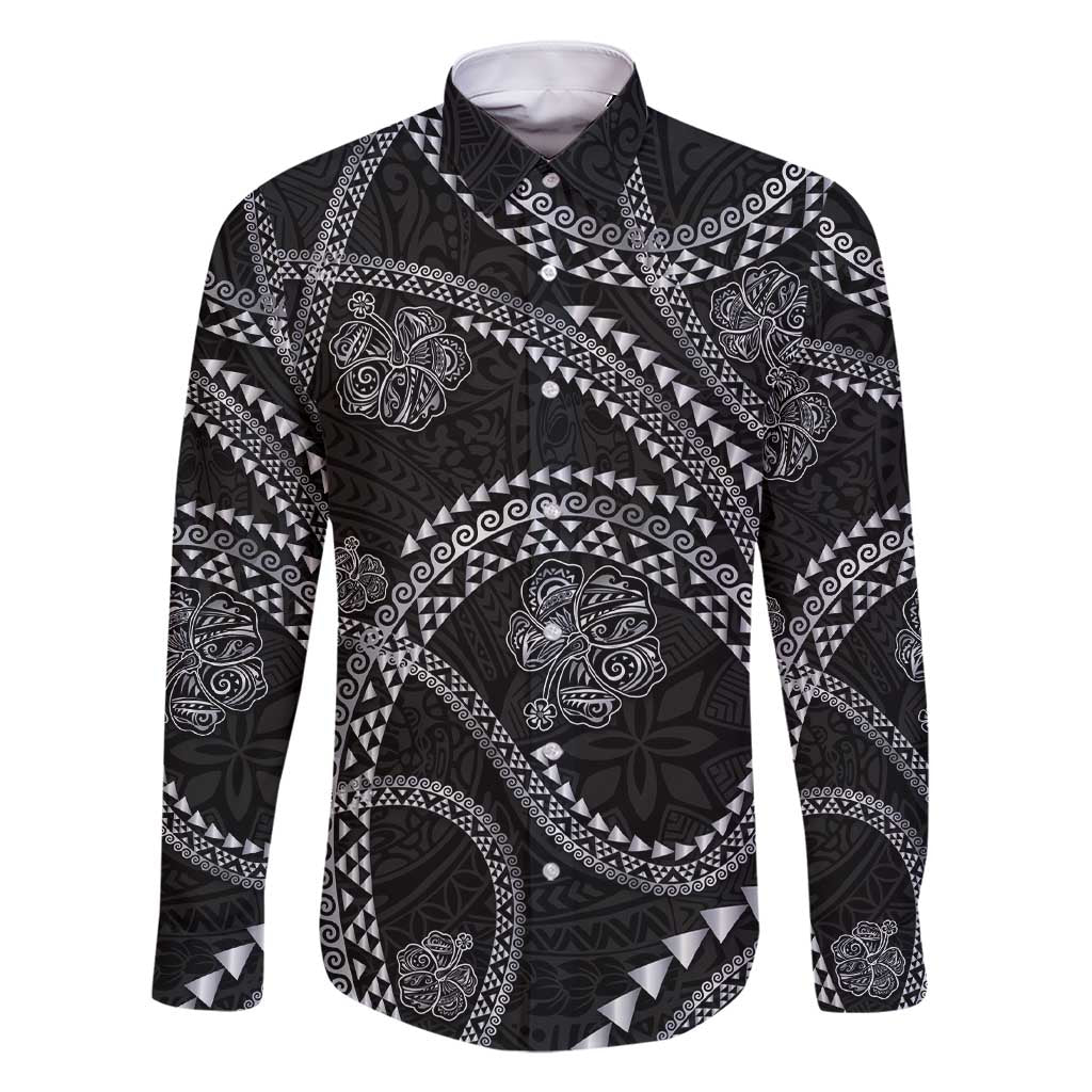 Hawaiian Kakau Art and Hisbiscus Tattoo Family Matching Short Sleeve Bodycon Dress and Hawaiian Shirt Tribal Pattern-Silver Style LT03 Dad's Shirt - Long Sleeve Black - Polynesian Pride