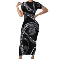 Hawaiian Kakau Art and Hisbiscus Tattoo Family Matching Short Sleeve Bodycon Dress and Hawaiian Shirt Tribal Pattern-Silver Style LT03 Mom's Dress Black - Polynesian Pride