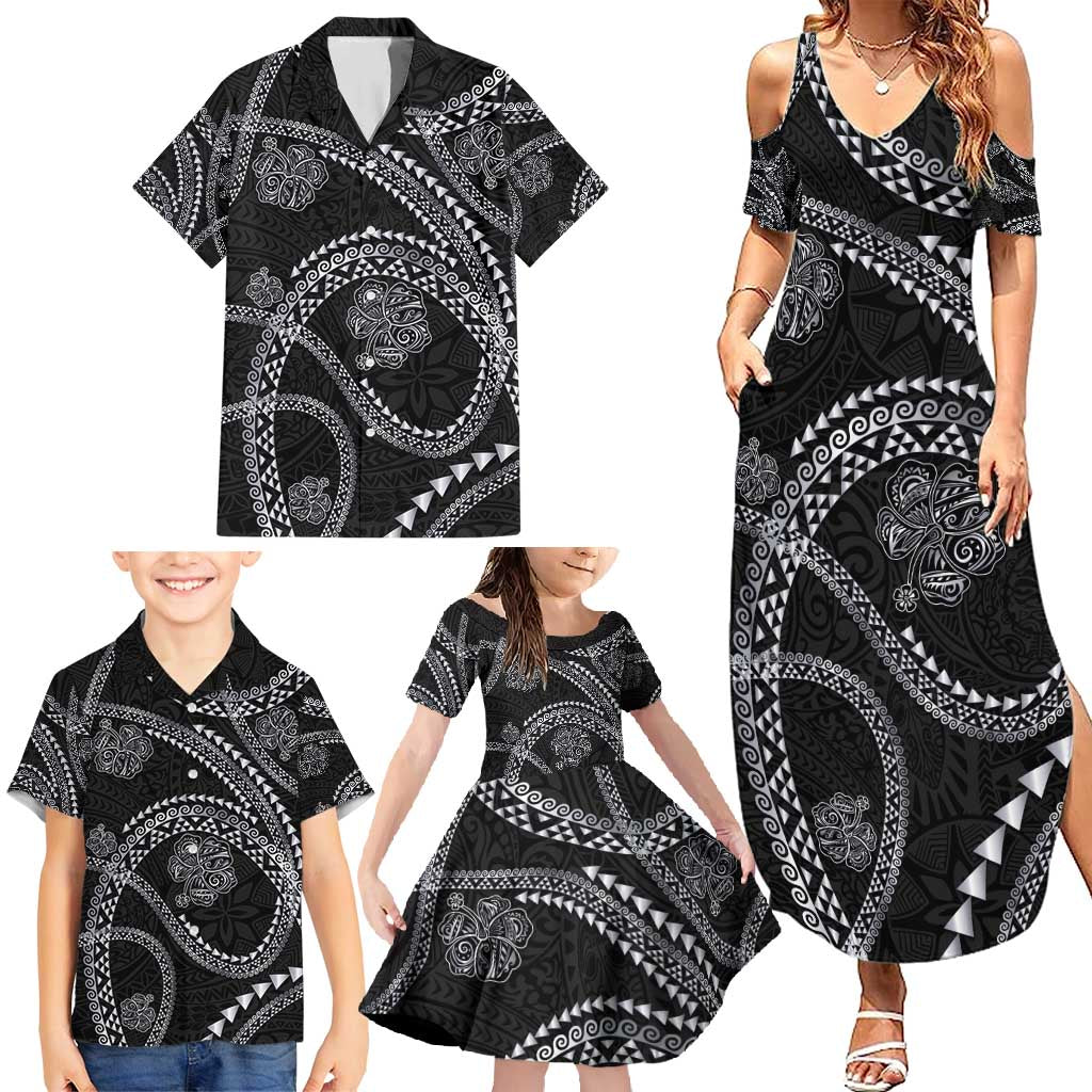 Hawaiian Kakau Art and Hisbiscus Tattoo Family Matching Summer Maxi Dress and Hawaiian Shirt Tribal Pattern-Silver Style LT03 - Polynesian Pride