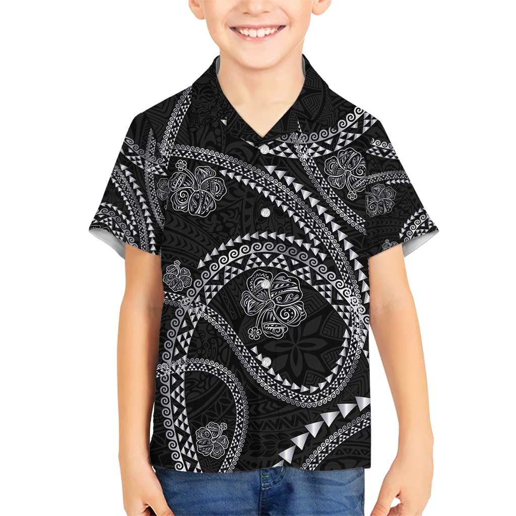 Hawaiian Kakau Art and Hisbiscus Tattoo Family Matching Summer Maxi Dress and Hawaiian Shirt Tribal Pattern-Silver Style LT03 Son's Shirt Black - Polynesian Pride