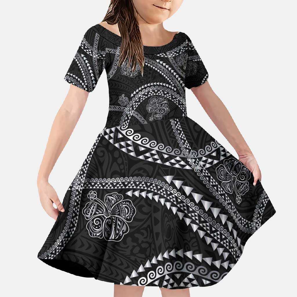 Hawaiian Kakau Art and Hisbiscus Tattoo Family Matching Tank Maxi Dress and Hawaiian Shirt Tribal Pattern-Silver Style LT03 Daughter's Dress Black - Polynesian Pride