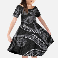 Hawaiian Kakau Art and Hisbiscus Tattoo Family Matching Tank Maxi Dress and Hawaiian Shirt Tribal Pattern-Silver Style LT03 Daughter's Dress Black - Polynesian Pride