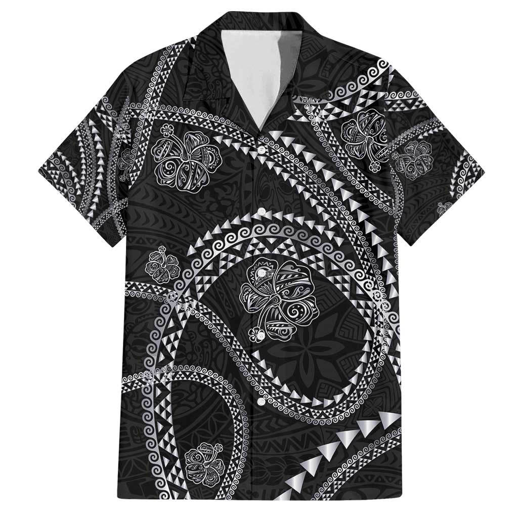 Hawaiian Kakau Art and Hisbiscus Tattoo Family Matching Tank Maxi Dress and Hawaiian Shirt Tribal Pattern-Silver Style LT03 Dad's Shirt - Short Sleeve Black - Polynesian Pride