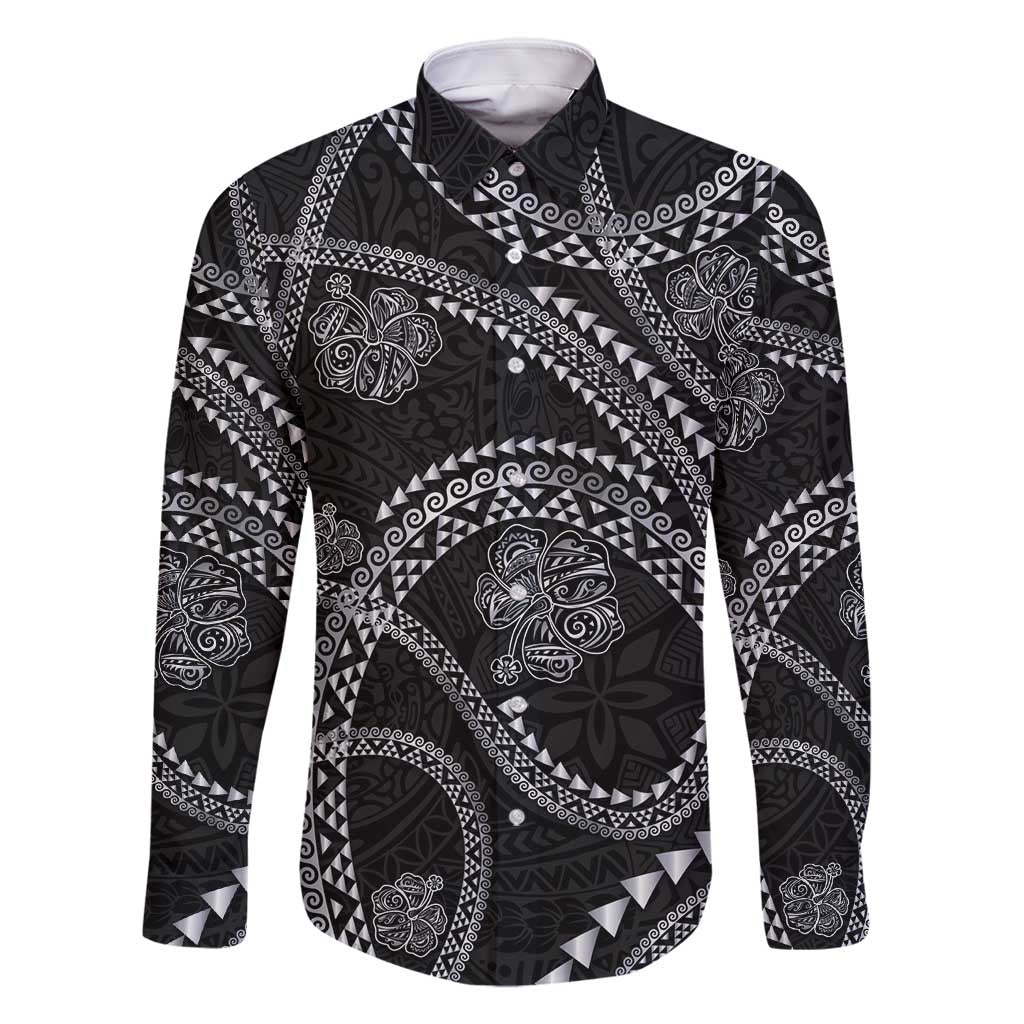 Hawaiian Kakau Art and Hisbiscus Tattoo Family Matching Tank Maxi Dress and Hawaiian Shirt Tribal Pattern-Silver Style LT03 Dad's Shirt - Long Sleeve Black - Polynesian Pride