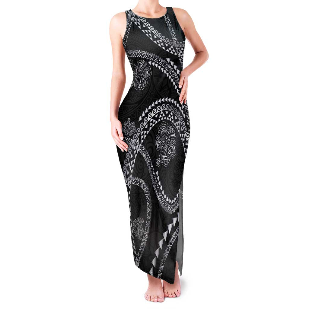 Hawaiian Kakau Art and Hisbiscus Tattoo Family Matching Tank Maxi Dress and Hawaiian Shirt Tribal Pattern-Silver Style LT03 Mom's Dress Black - Polynesian Pride