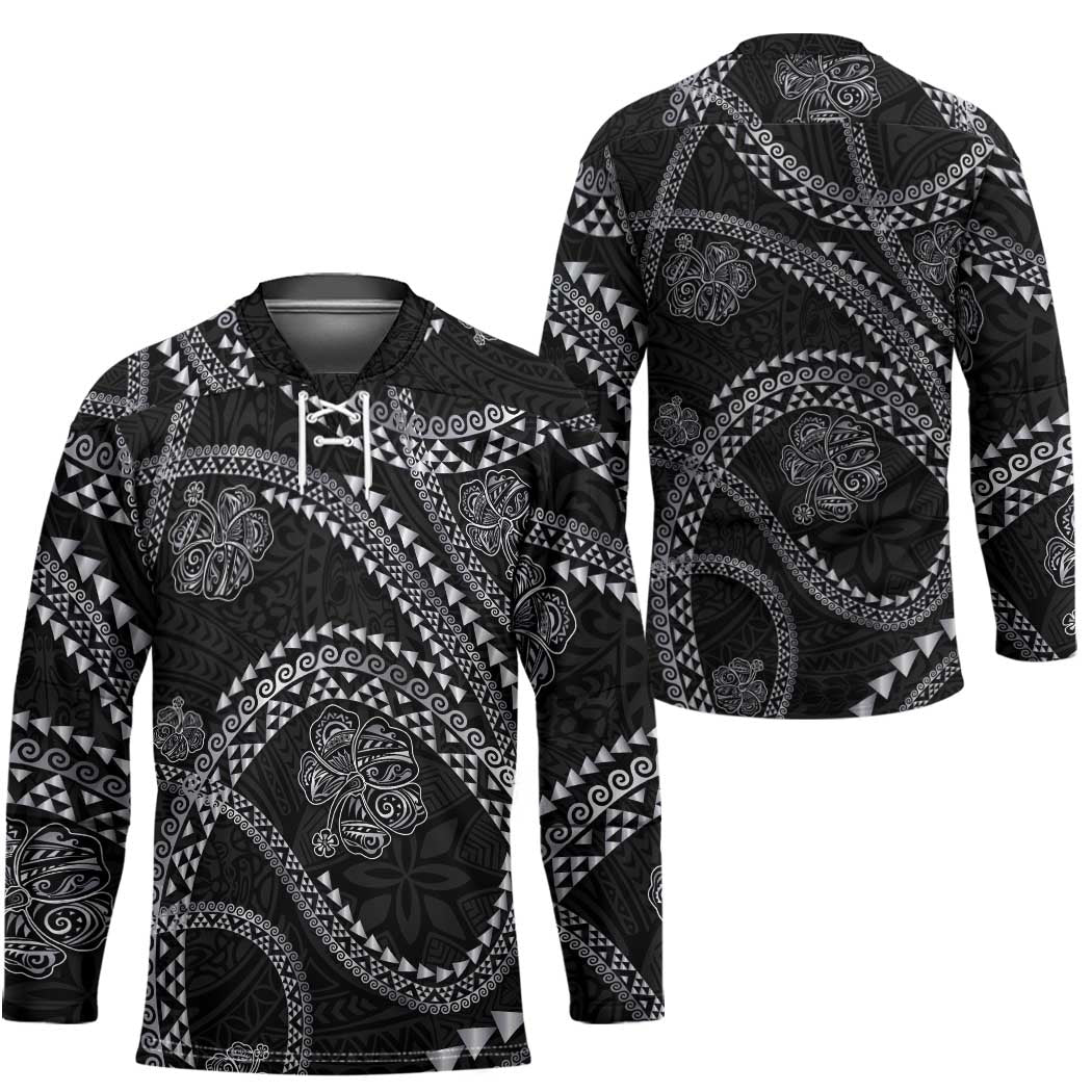 Hawaiian Kakau Art and Hisbiscus Tattoo Hockey Jersey Tribal Pattern-Silver Style - Polynesian Pride