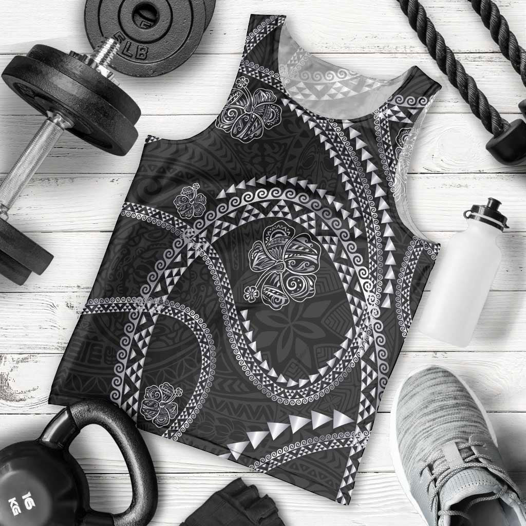 Hawaiian Kakau Art and Hisbiscus Tattoo Men Tank Top Tribal Pattern-Silver Style - Polynesian Pride