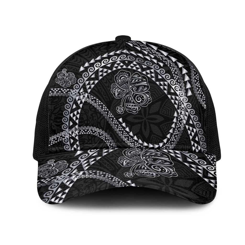 Hawaiian Kakau Art and Hisbiscus Tattoo Mesh Trucker Cap Tribal Pattern-Silver Style - Polynesian Pride