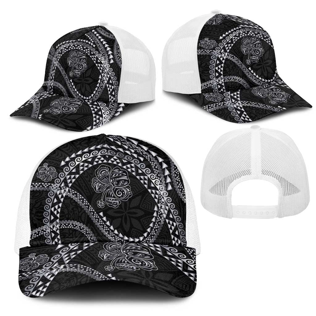 Hawaiian Kakau Art and Hisbiscus Tattoo Mesh Trucker Cap Tribal Pattern-Silver Style - Polynesian Pride