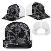 Hawaiian Kakau Art and Hisbiscus Tattoo Mesh Trucker Cap Tribal Pattern-Silver Style - Polynesian Pride
