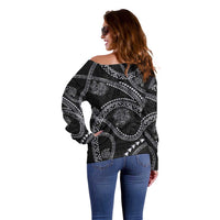 Hawaiian Kakau Art and Hisbiscus Tattoo Off Shoulder Sweater Tribal Pattern-Silver Style - Polynesian Pride
