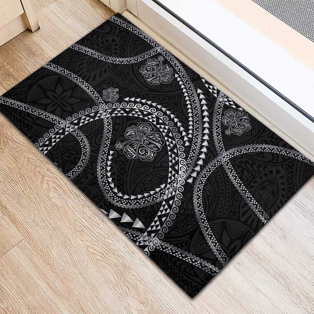 Hawaiian Kakau Art and Hisbiscus Tattoo Rubber Doormat Tribal Pattern-Silver Style - Polynesian Pride