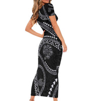 Hawaiian Kakau Art and Hisbiscus Tattoo Short Sleeve Bodycon Dress Tribal Pattern-Silver Style - Polynesian Pride