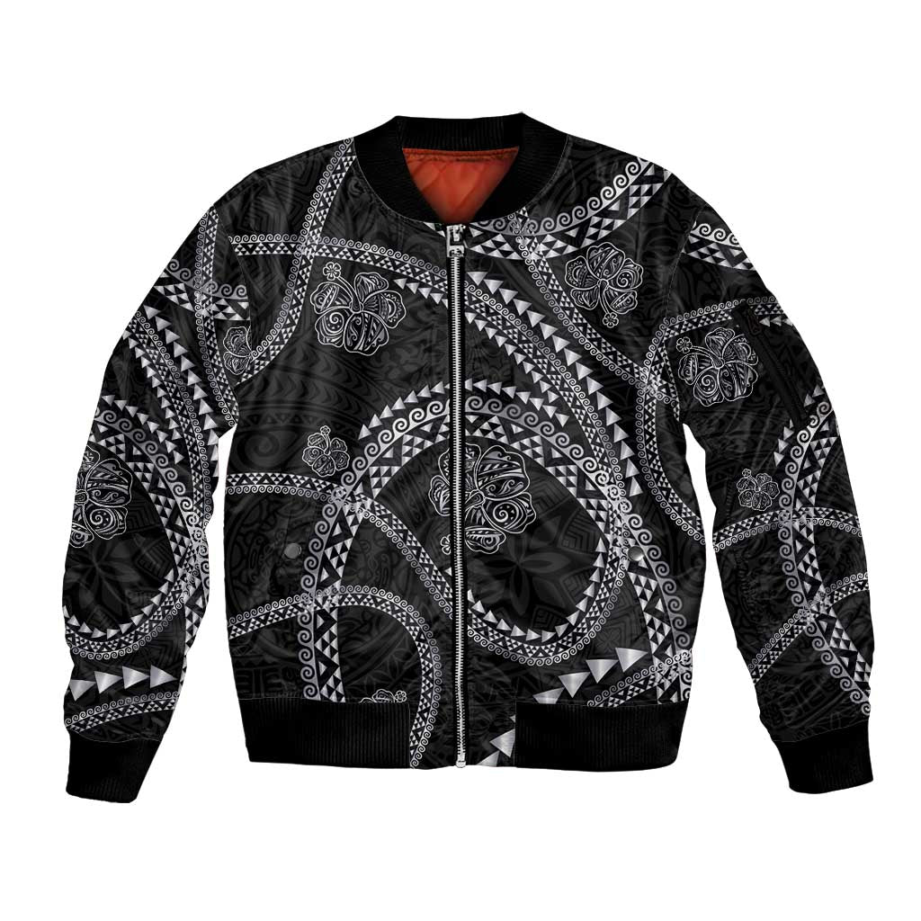 Hawaiian Kakau Art and Hisbiscus Tattoo Sleeve Zip Bomber Jacket Tribal Pattern-Silver Style LT03 Unisex Black - Polynesian Pride