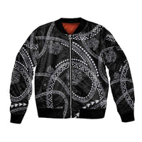 Hawaiian Kakau Art and Hisbiscus Tattoo Sleeve Zip Bomber Jacket Tribal Pattern-Silver Style LT03 Unisex Black - Polynesian Pride