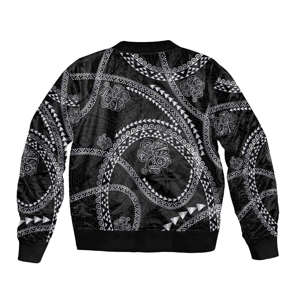 Hawaiian Kakau Art and Hisbiscus Tattoo Sleeve Zip Bomber Jacket Tribal Pattern-Silver Style LT03 - Polynesian Pride