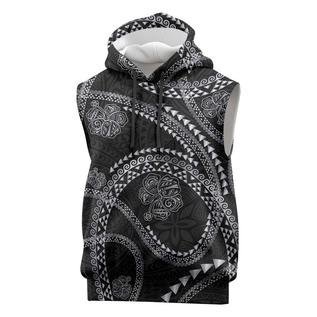 Hawaiian Kakau Art and Hisbiscus Tattoo Sleeveless Hoodie Tribal Pattern-Silver Style LT03 Black - Polynesian Pride