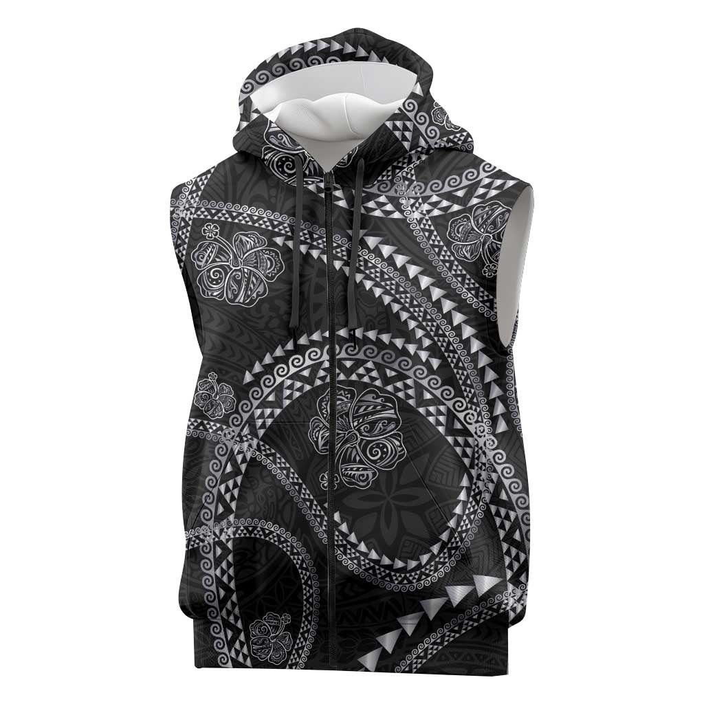 Hawaiian Kakau Art and Hisbiscus Tattoo Sleeveless Zip Hoodie Tribal Pattern-Silver Style - Polynesian Pride