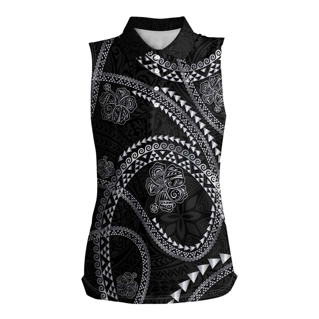 Hawaiian Kakau Art and Hisbiscus Tattoo Women Sleeveless Polo Shirt Tribal Pattern-Silver Style LT03 Female Black - Polynesian Pride