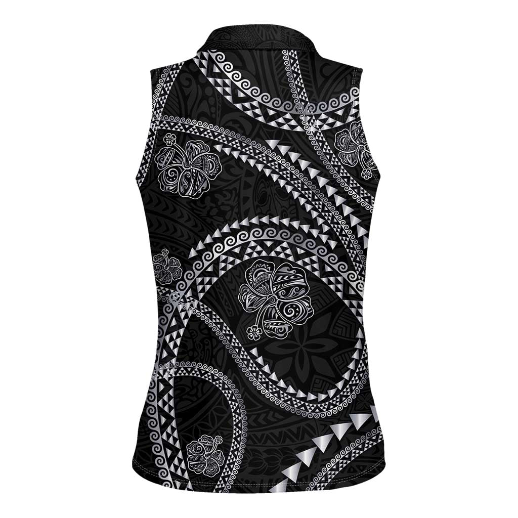 Hawaiian Kakau Art and Hisbiscus Tattoo Women Sleeveless Polo Shirt Tribal Pattern-Silver Style LT03 - Polynesian Pride