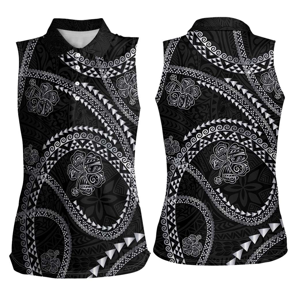 Hawaiian Kakau Art and Hisbiscus Tattoo Women Sleeveless Polo Shirt Tribal Pattern-Silver Style LT03 - Polynesian Pride